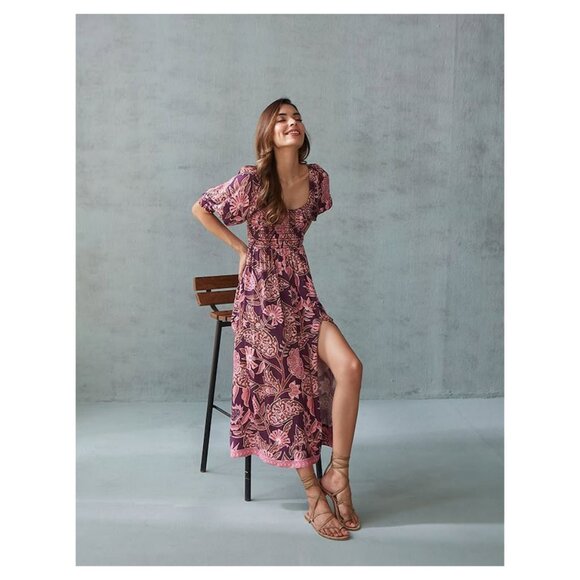 Anthropologie Omika Handmade Midi Blair Dress Puff Poof Sleeve Euro Girl Greece - Picture 15 of 15